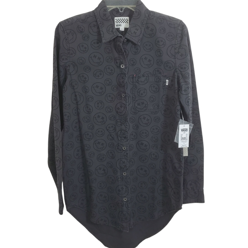 NWT VANS No Tea Button Up Shirt Smiley Face X Print Size Small Grunge Skater